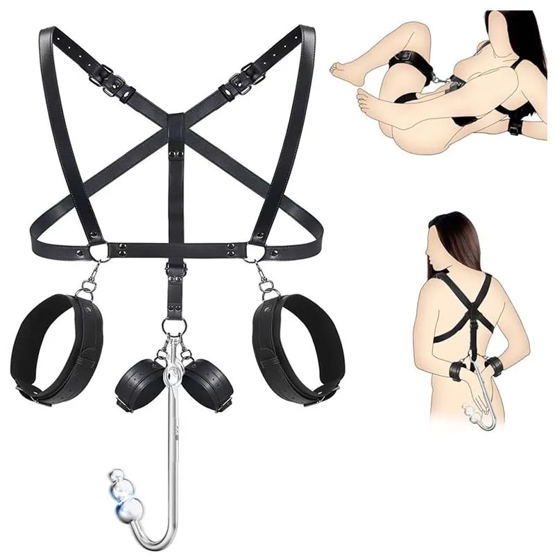 BDSM Sex Bondage Restraints Kit Leather Thigh Sling Breasts Belt Behind Back Handcuffs Open Legs SM Slave Fetish Anal hook